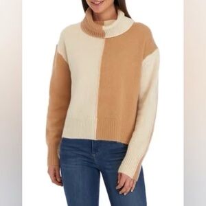 Magaschoni XL Colorblock 100% Cashmere Turtleneck Sweater Camel Tan and Biscotti
